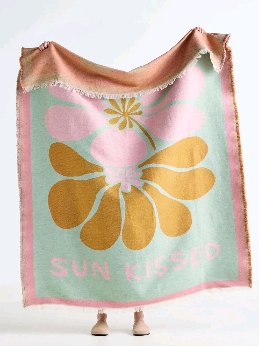 Anthropologie Pastel Floral Throw Blanket in Mint, Pink & Mustard